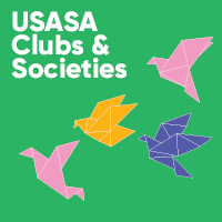 On a green background there are four origami birds, two pink, one yellow and one purple. in the top left-hand corner white text reads " USASA Clubs &amp; Societies"
