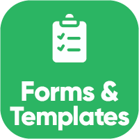 White text that says "Forms &amp; Templates" above this there is a white icon image of a clip board with two horizontal lines on it (symbolizing list items) both these items have ticks next to them.