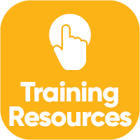 White text that says "Training Resources" above this there is a white icon image of a hand pressing a large round button.