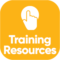 White text that says "Training Resources" above this there is a white icon image of a hand pressing a large round button.