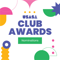 a white background with purple, pink, green and yellow geometric shapes. in the middle there is purple text that reads "USASA Club Awards nominations"